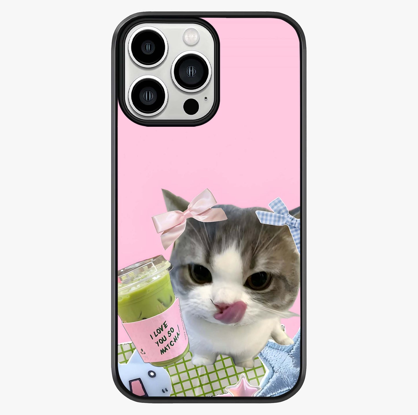 Love Matcha Cat Glass Case showing full back design in clean flat view with glossy glass finish.