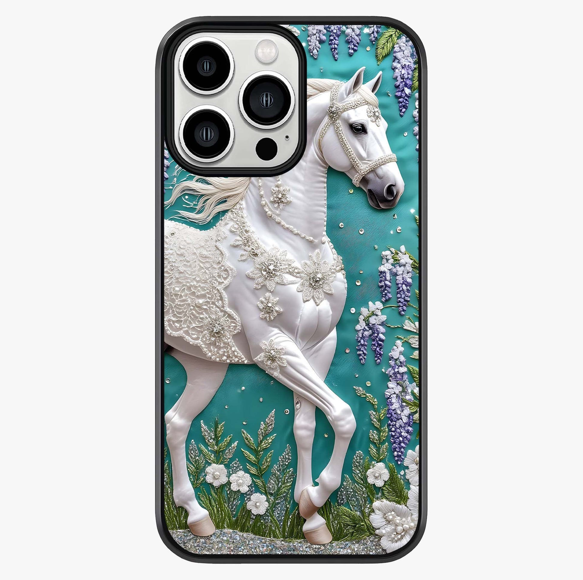 Majestic Floral Stallion Glass Case showing full back design in clean flat view with glossy glass finish.