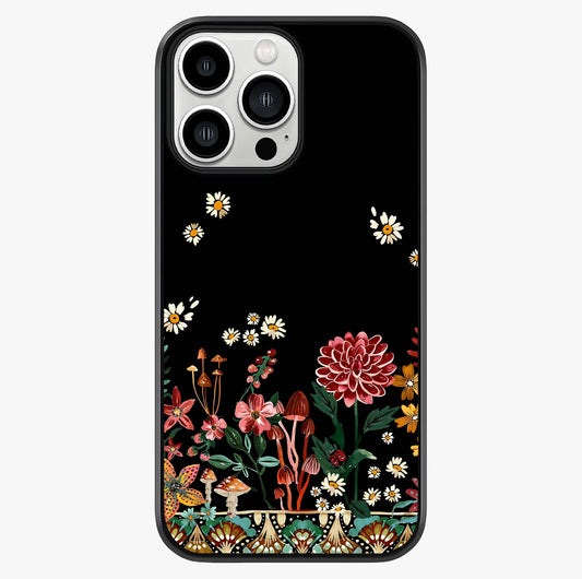 Midnight Bloom Pattern Glass Case showing full back design in clean flat view with glossy glass finish.
