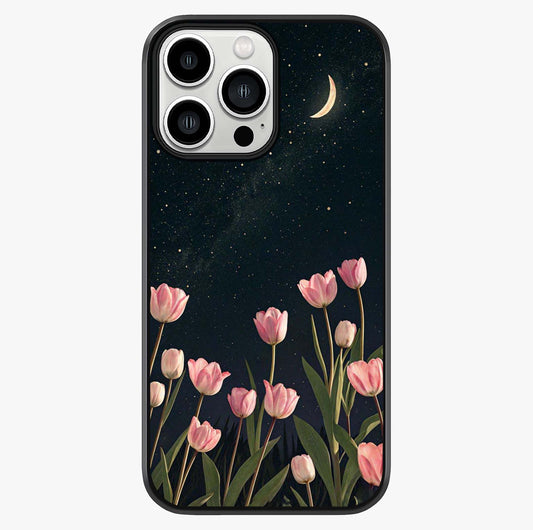 Midnight Tulip Whispers Vibe Glass Case showing full back design in clean flat view with glossy glass finish.