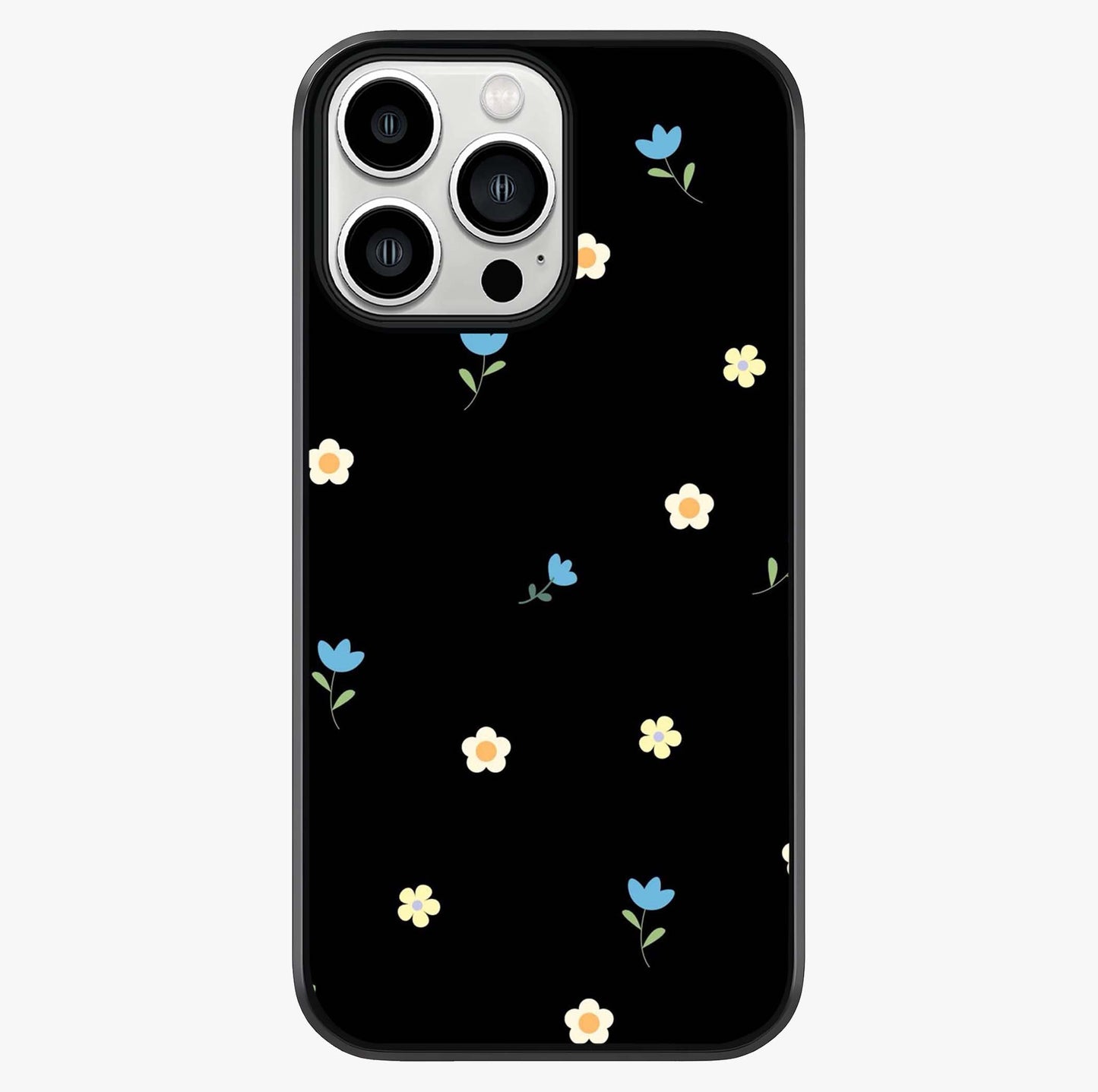 Minimalistic Blue With White Flower Pattern Glass Case showing full back design in clean flat view with glossy glass finish.