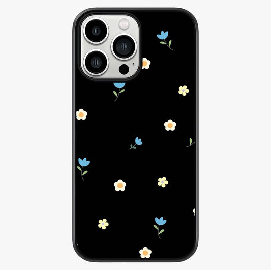Minimalistic Blue With White Flower Pattern Glass Case showing full back design in clean flat view with glossy glass finish.
