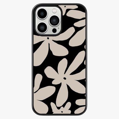 Monochrome Petal Dance Glass Case showing full back design in clean flat view with glossy glass finish.