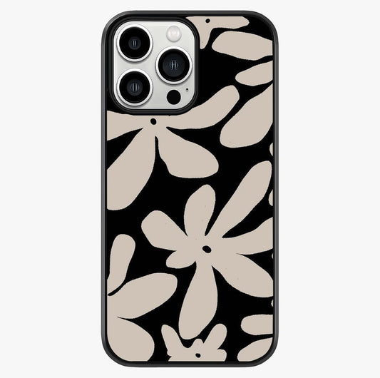 Monochrome Petal Dance Glass Case showing full back design in clean flat view with glossy glass finish.