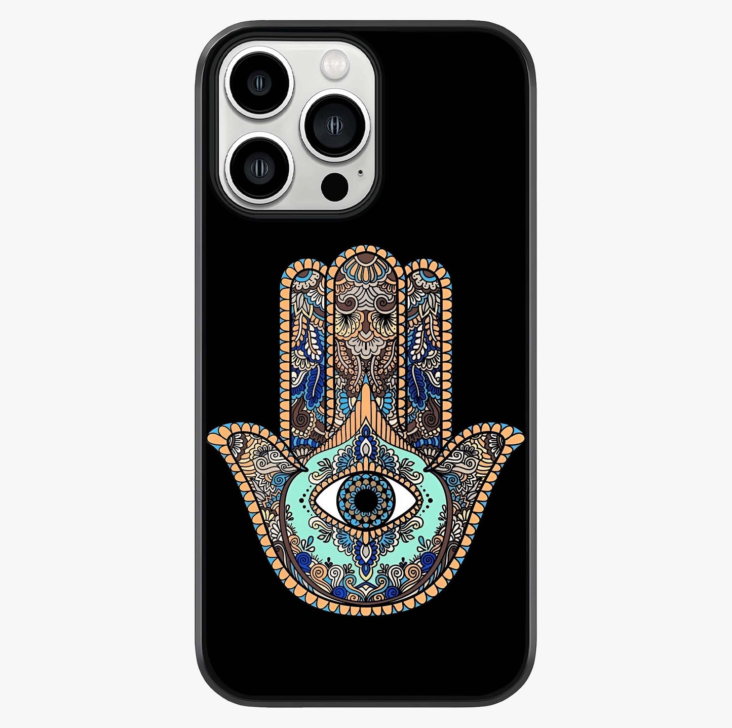 Mystic Hamsa Eye Glass Case showing full back design in clean flat view with glossy glass finish.