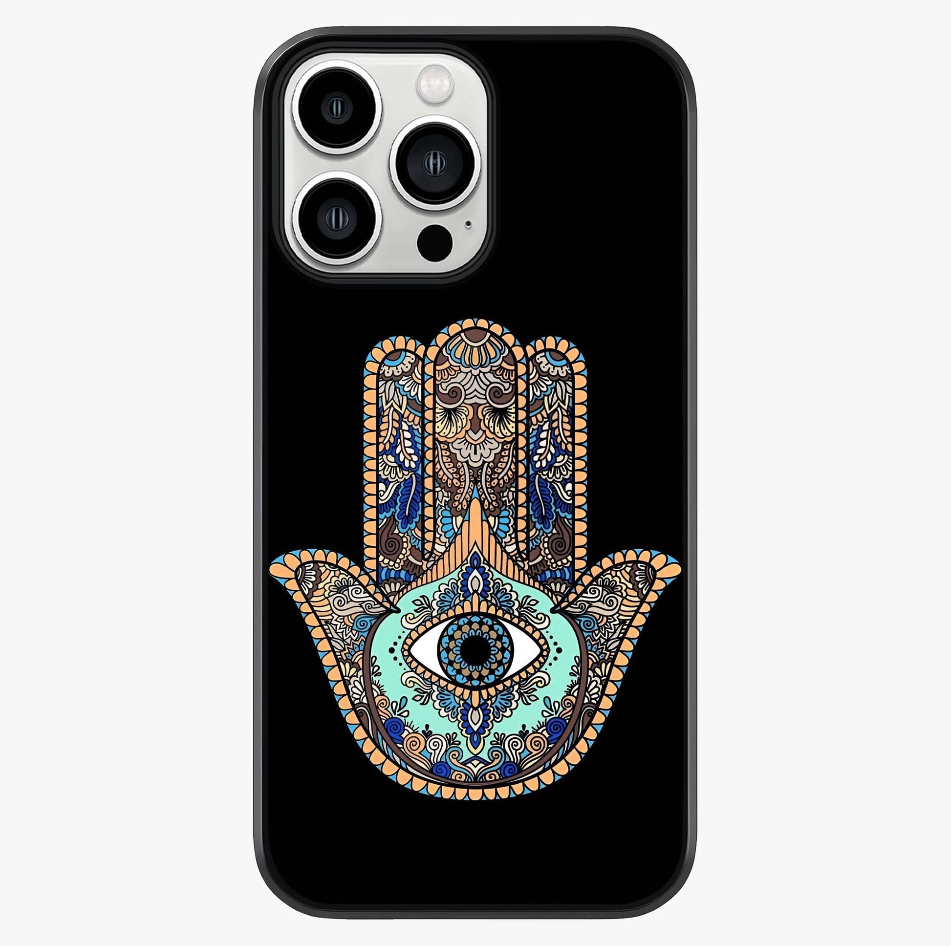 Mystic Hamsa Eye Glass Case showing full back design in clean flat view with glossy glass finish.