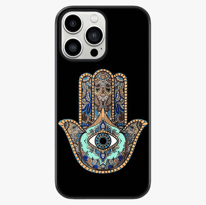 Mystic Hamsa Eye Glass Case showing full back design in clean flat view with glossy glass finish.