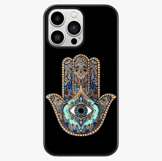 Mystic Hamsa Eye Glass Case showing full back design in clean flat view with glossy glass finish.