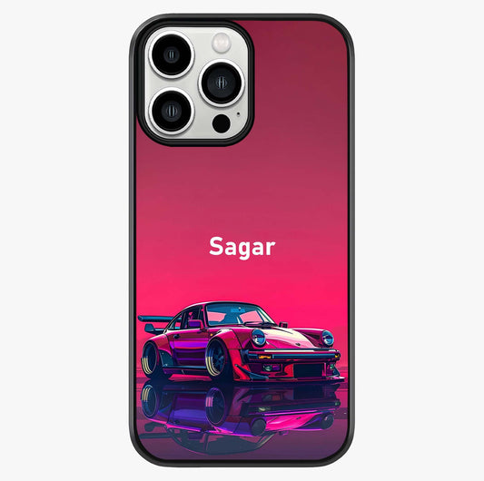 Neon Pink Porsche Glass Case showing full back design in clean flat view with glossy glass finish.