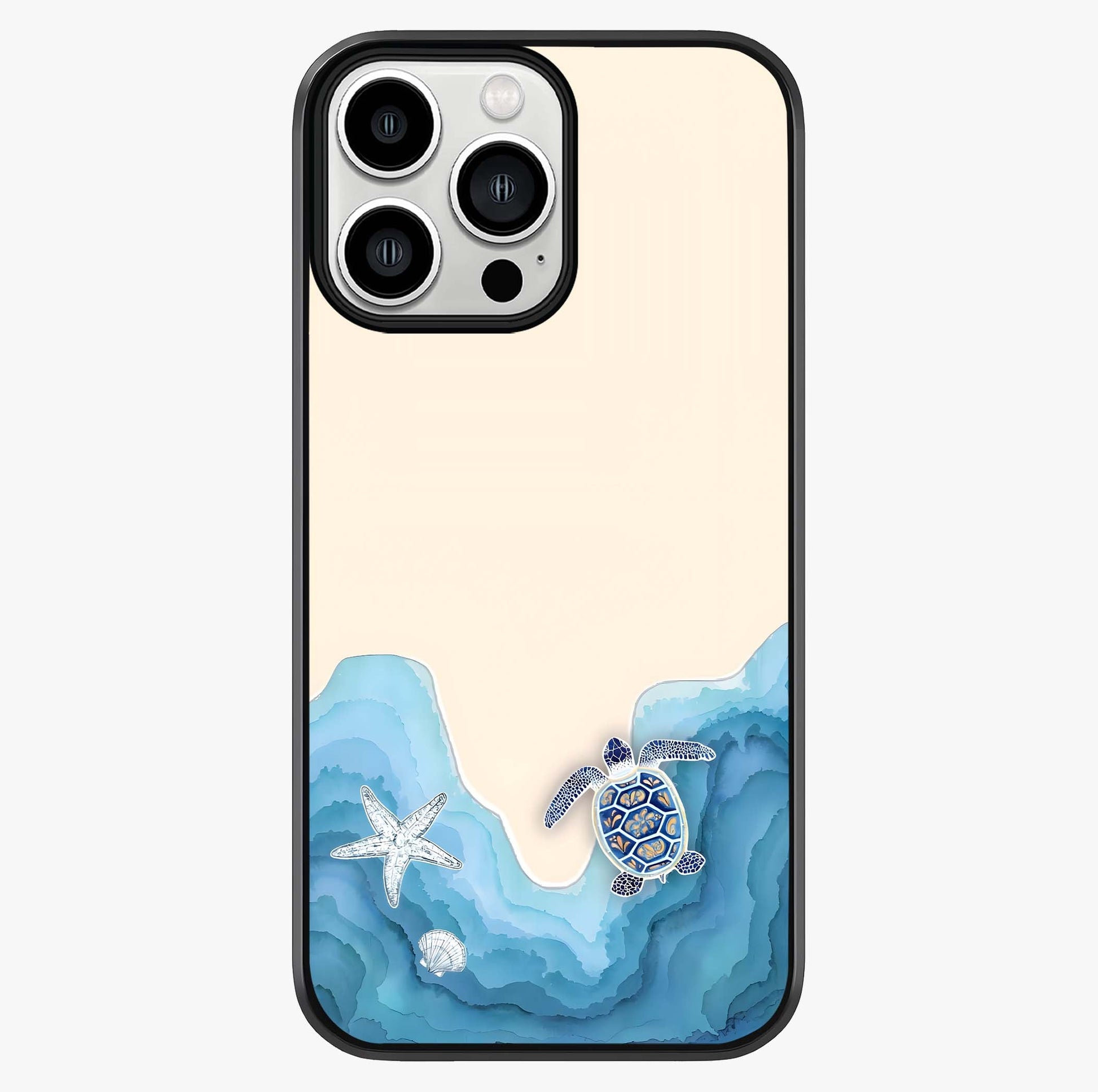 Ocean Drift Turtle Glass Case showing full back design in clean flat view with glossy glass finish.