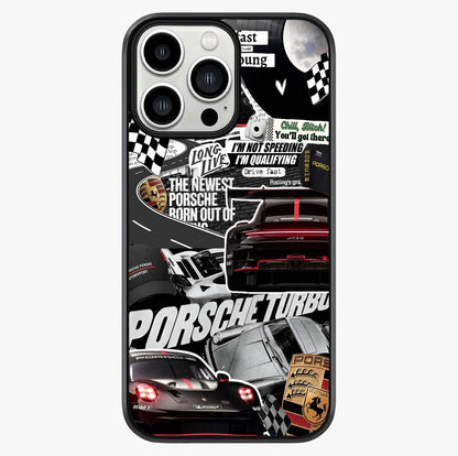 Porsche Racing Collage Glass Case showing full back design in clean flat view with glossy glass finish.