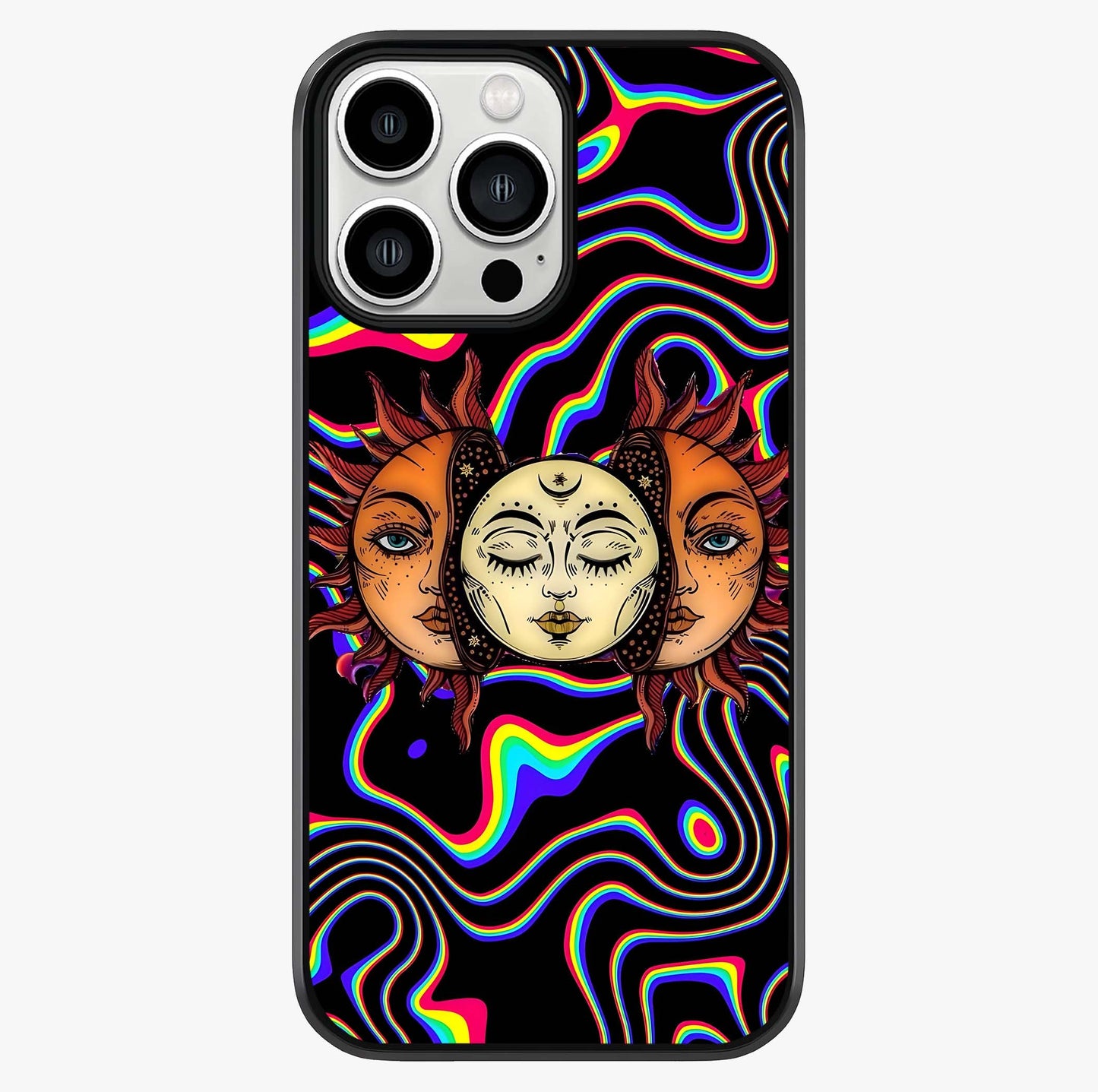 Psychedelic Sun Glass Case showing full back design in clean flat view with glossy glass finish.