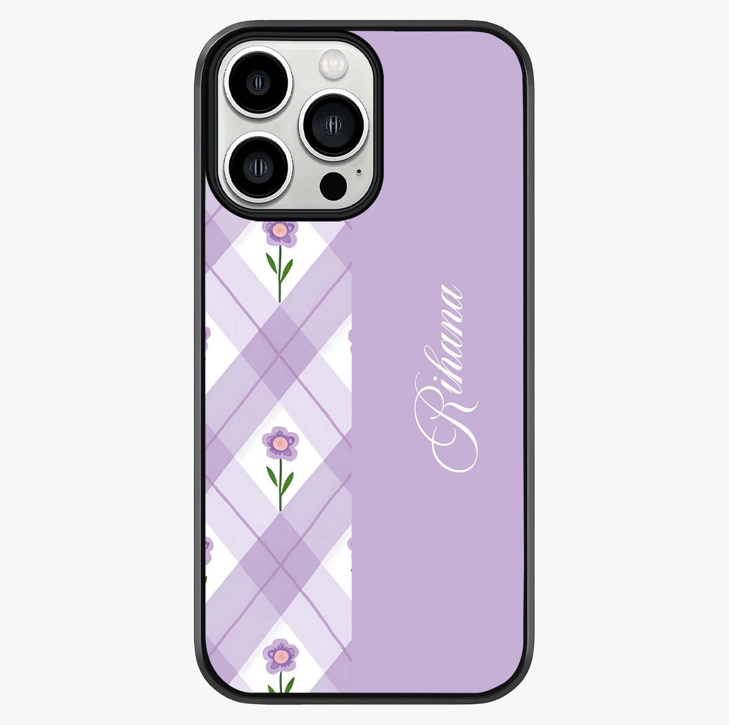 Purple Diamond Floral Glass Case showing full back design in clean flat view with glossy glass finish.