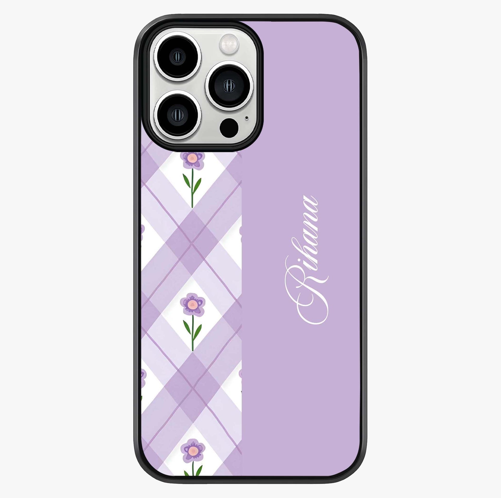 Purple Diamond Floral Glass Case showing full back design in clean flat view with glossy glass finish.