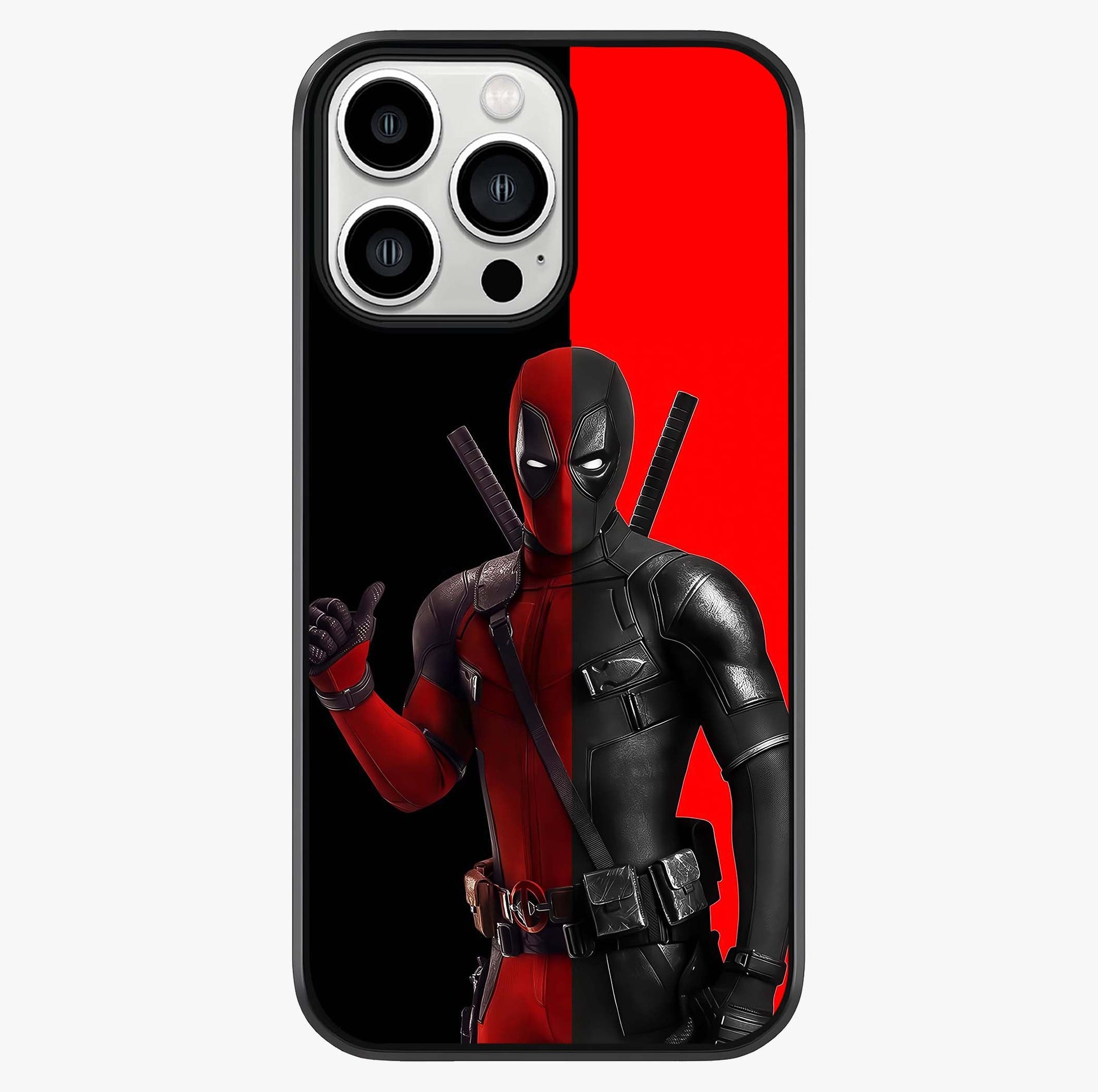 Red & Black Deadpool Theme Glass Case showing full back design in clean flat view with glossy glass finish.
