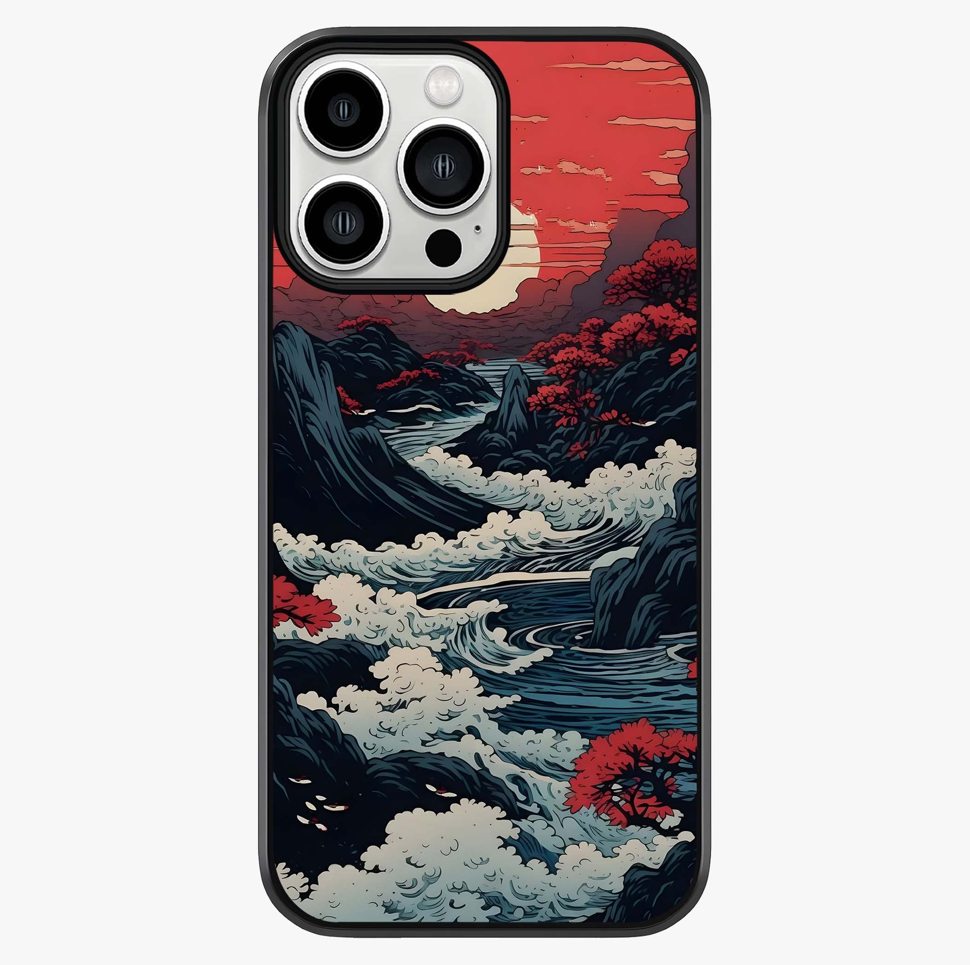 Red Sunset Scenery Glass Case showing full back design in clean flat view with glossy glass finish.