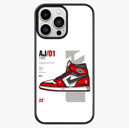 Retro Sneaker Blueprint Glass Case showing full back design in clean flat view with glossy glass finish.
