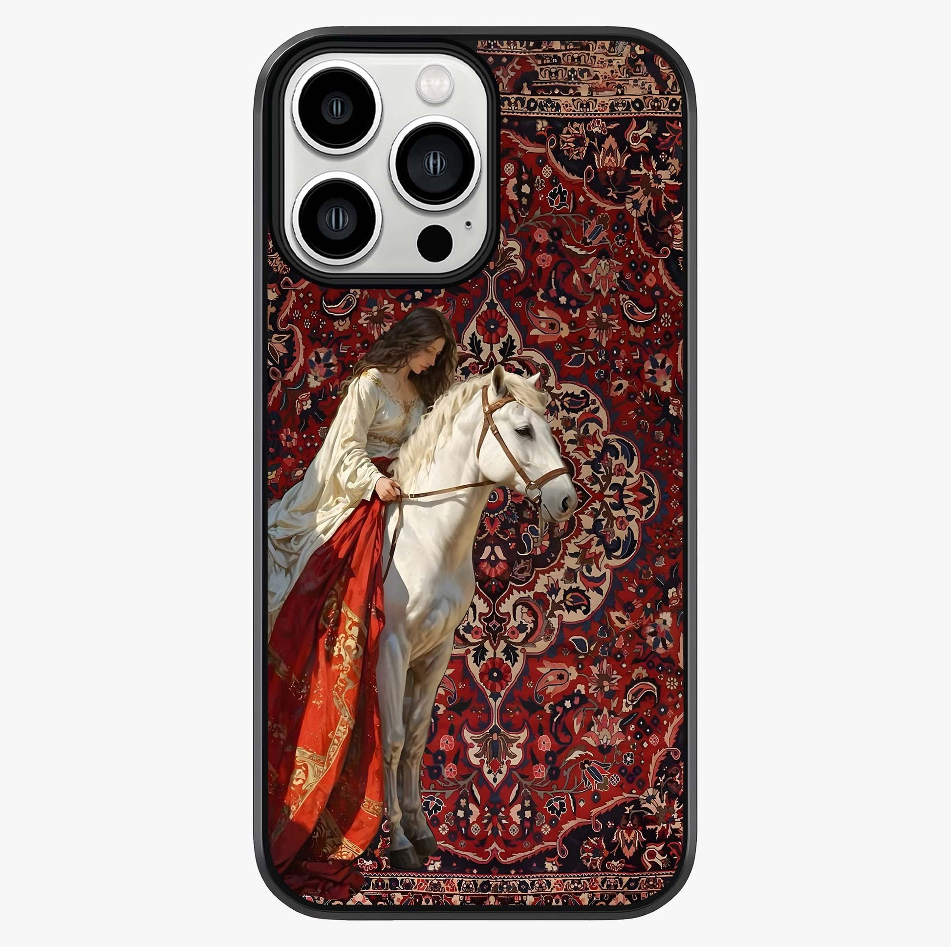 Royal Rider Tapestry Glass Case showing full back design in clean flat view with glossy glass finish.