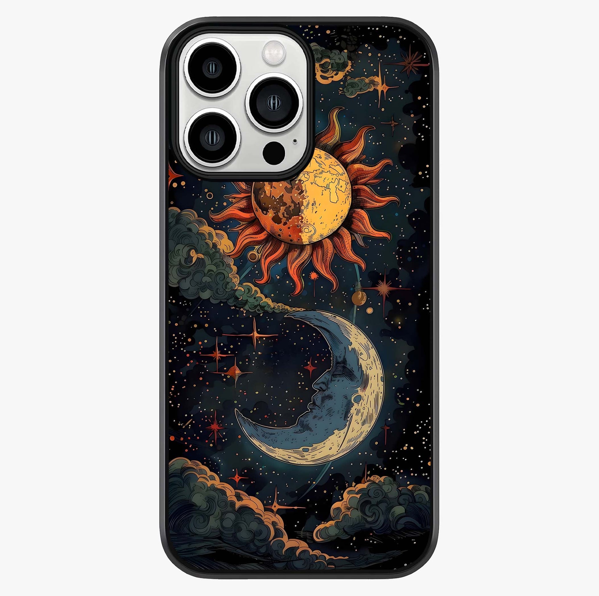 Sun And Moon Magic Design Glass Case showing full back design in clean flat view with glossy glass finish.