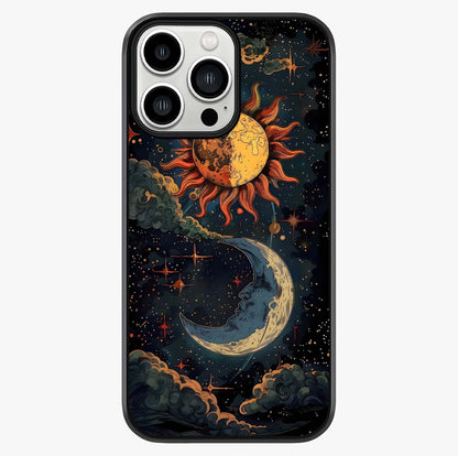 Sun And Moon Magic Design Glass Case showing full back design in clean flat view with glossy glass finish.