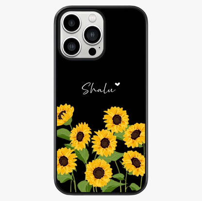 Sunflower Chic Mood Custom Name Glass Case showing full back design in clean flat view with glossy glass finish.