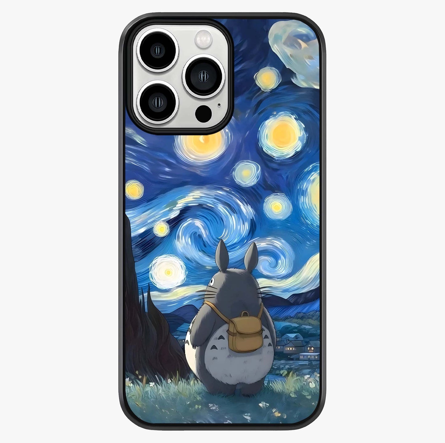 Totoro In Van Gogh Art Glass Case showing full back design in clean flat view with glossy glass finish.