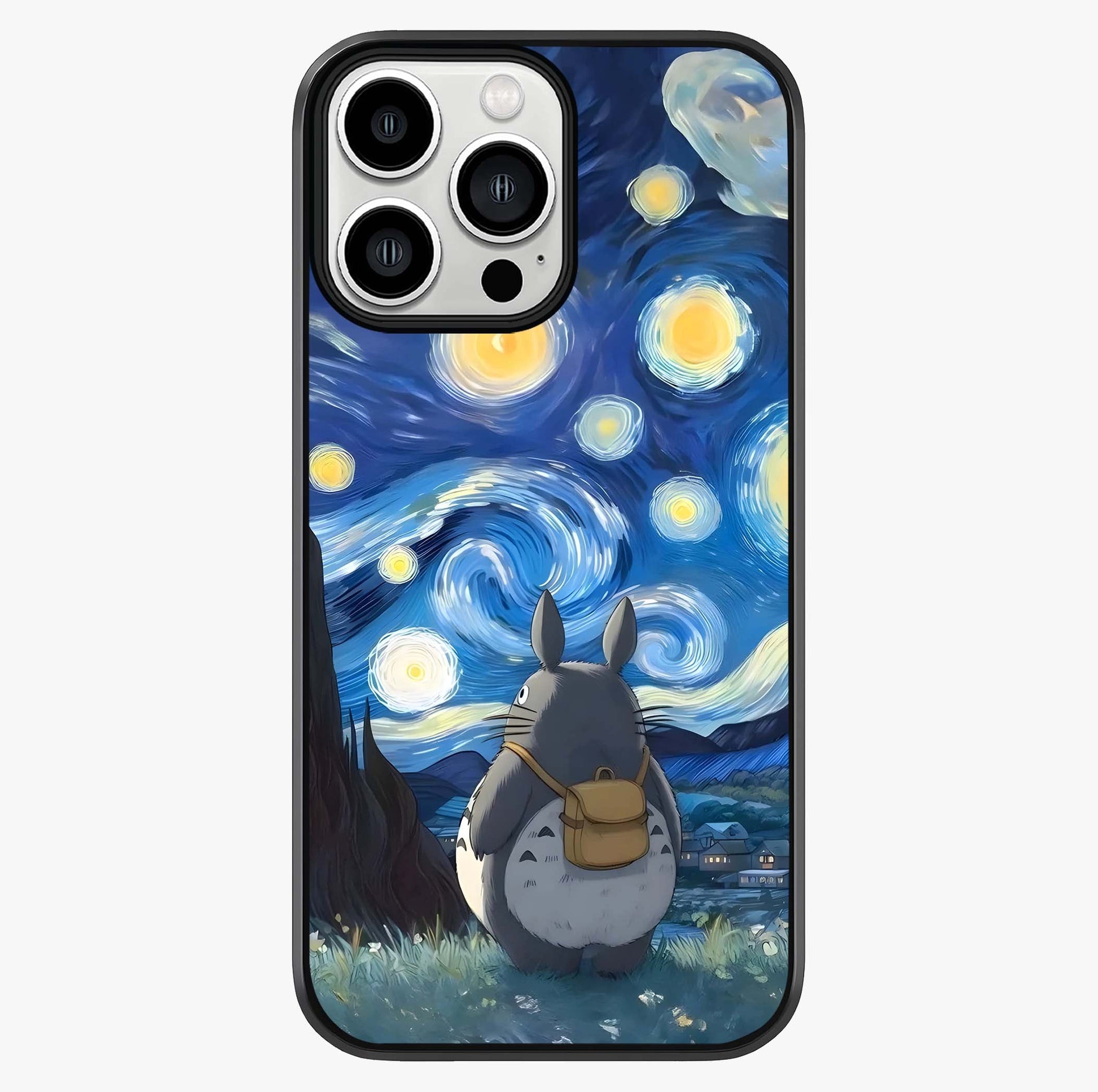Totoro In Van Gogh Art Glass Case showing full back design in clean flat view with glossy glass finish.