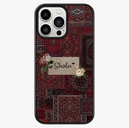 Velvet Wine Pattern Custom Name Glass Case showing full back design in clean flat view with glossy glass finish.