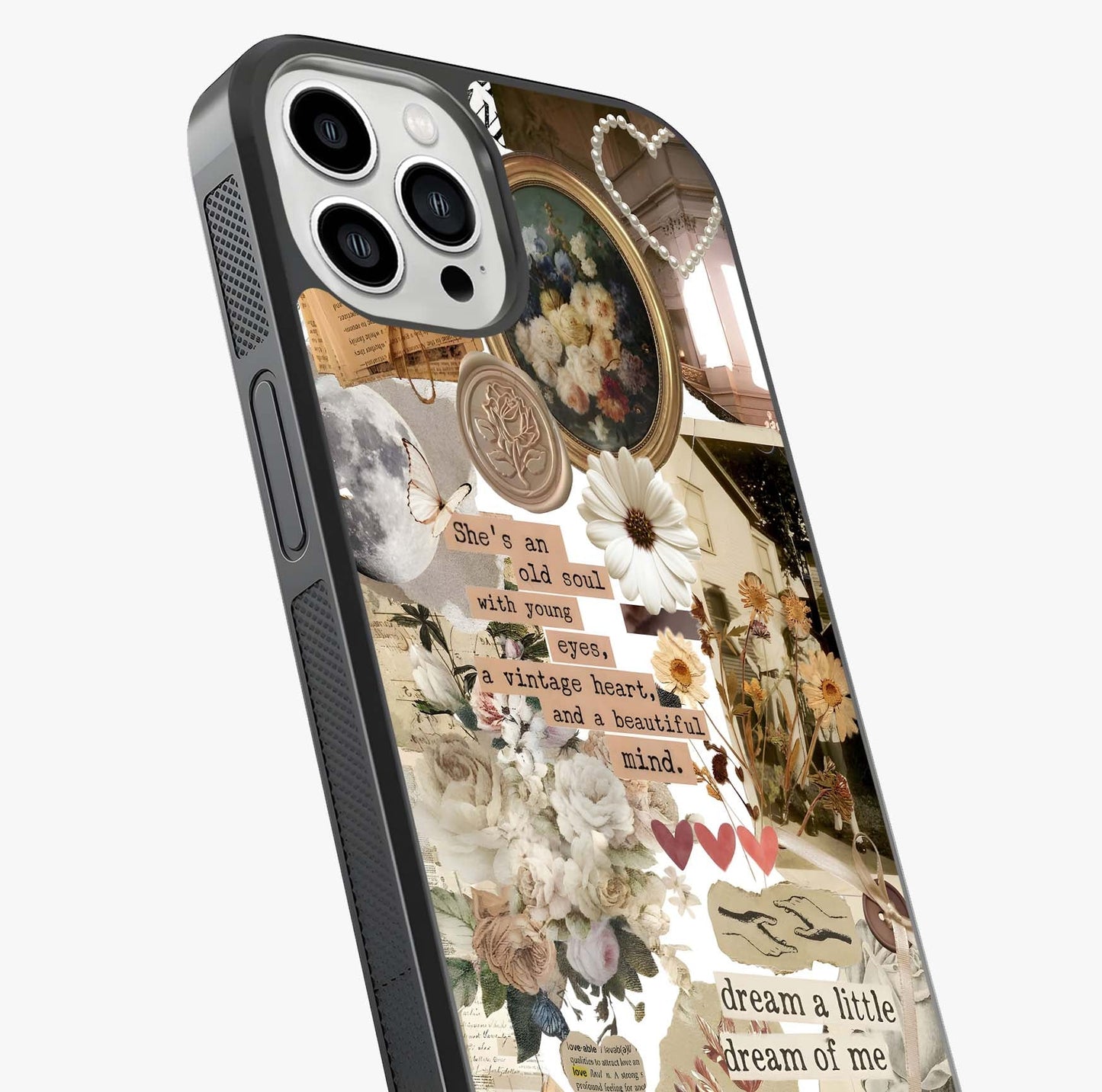 Aesthetic Brown Vintage Collage Glass Case captured at a warm angle highlighting gloss, texture and premium glass finish.