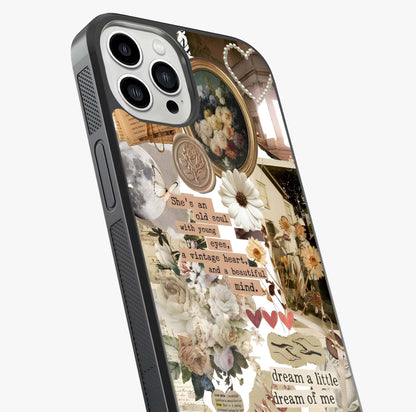 Aesthetic Brown Vintage Collage Glass Case captured at a warm angle highlighting gloss, texture and premium glass finish.