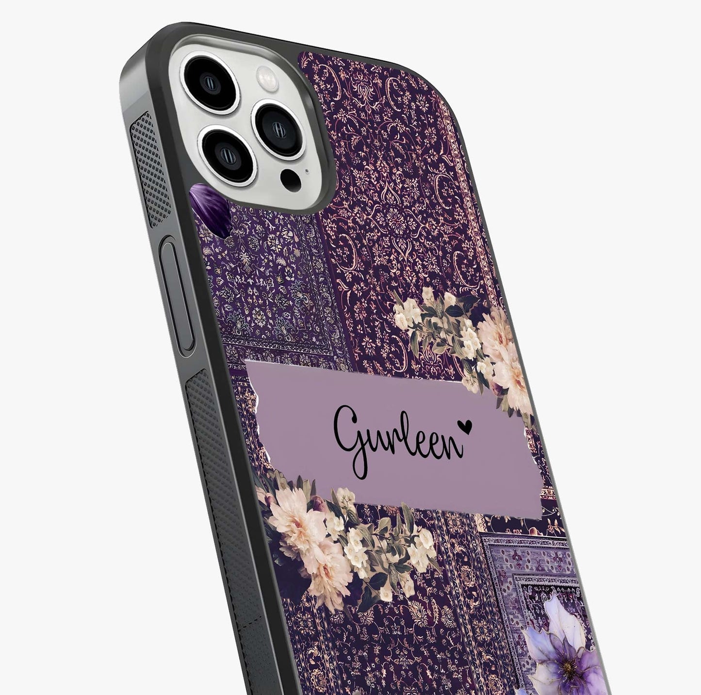Antique Floral Whisper Custom Name Glass Case captured at a warm angle highlighting gloss, texture and premium glass finish.