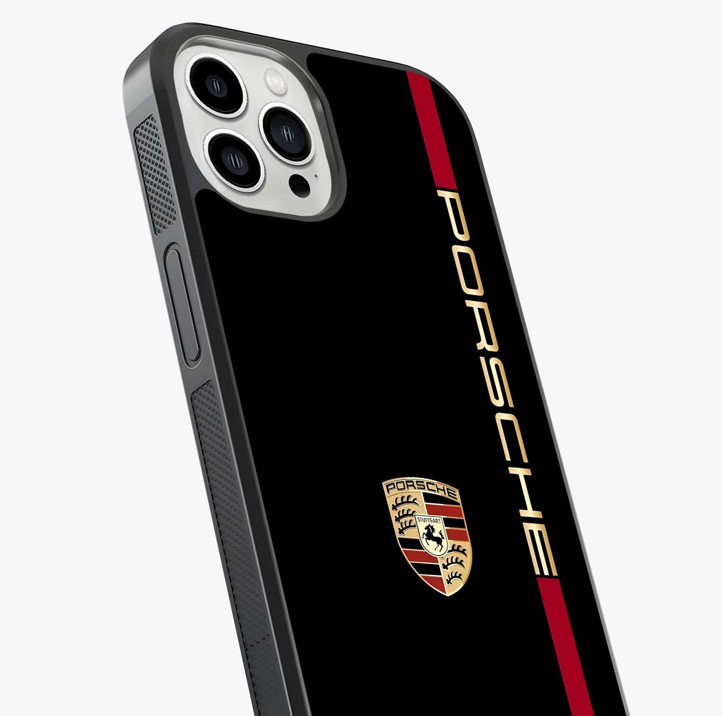 Black Minimal Porsche Glass Case captured at a warm angle highlighting gloss, texture and premium glass finish.