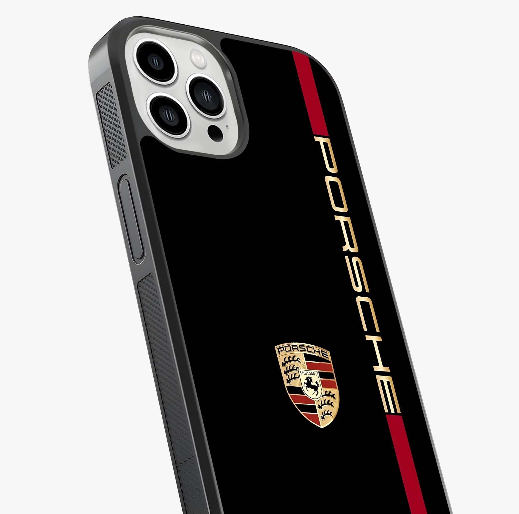 Black Minimal Porsche Glass Case captured at a warm angle highlighting gloss, texture and premium glass finish.