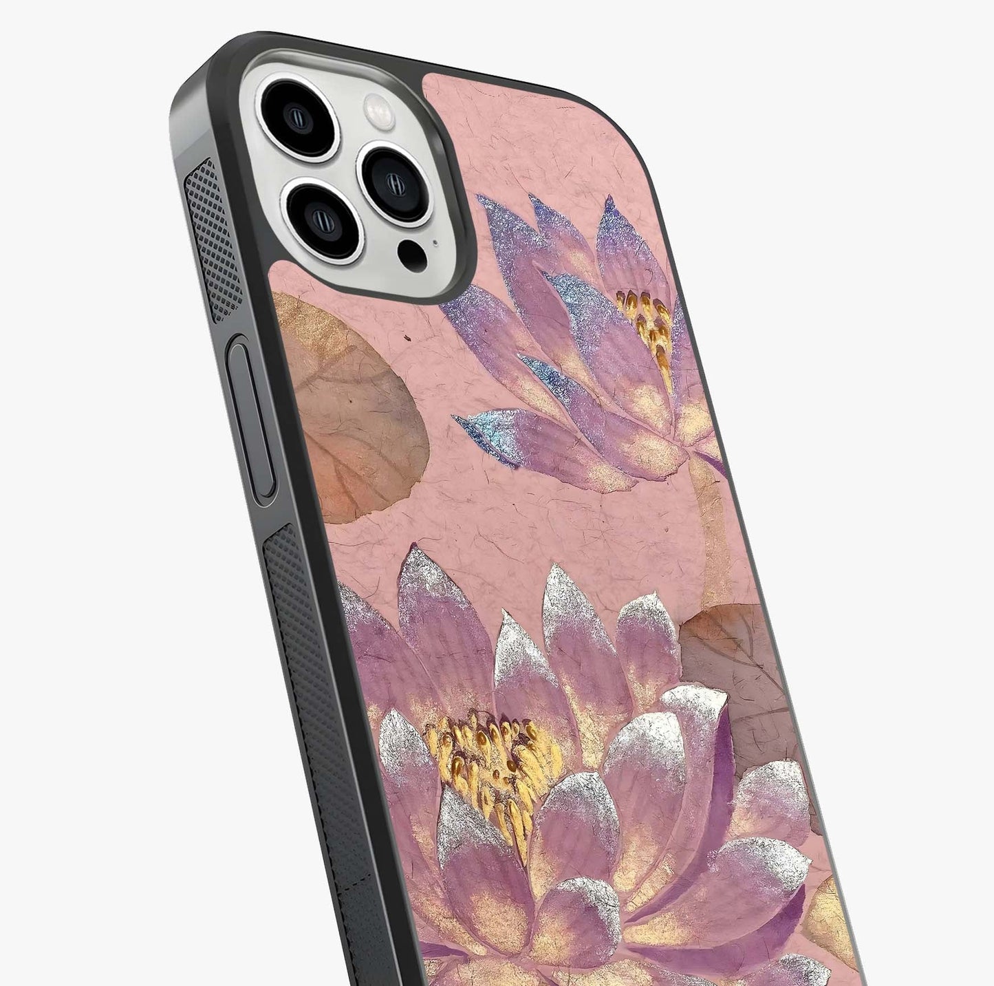 Blossom Mist Lotus Glass Case captured at a warm angle highlighting gloss, texture and premium glass finish.