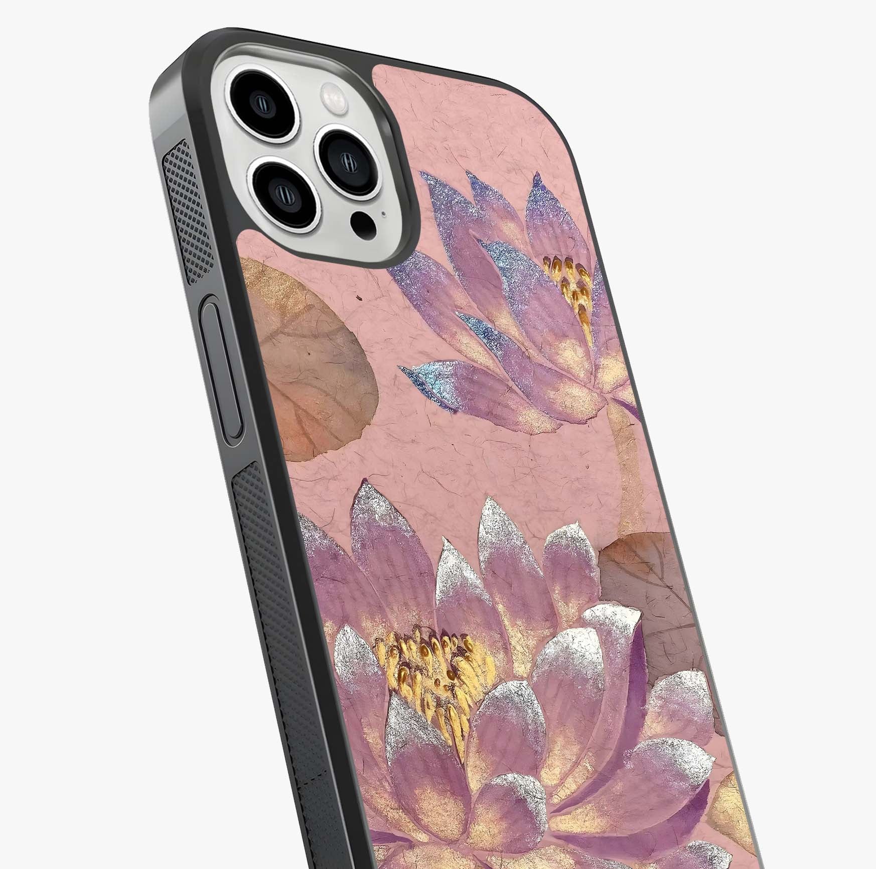 Blossom Mist Lotus Glass Case captured at a warm angle highlighting gloss, texture and premium glass finish.