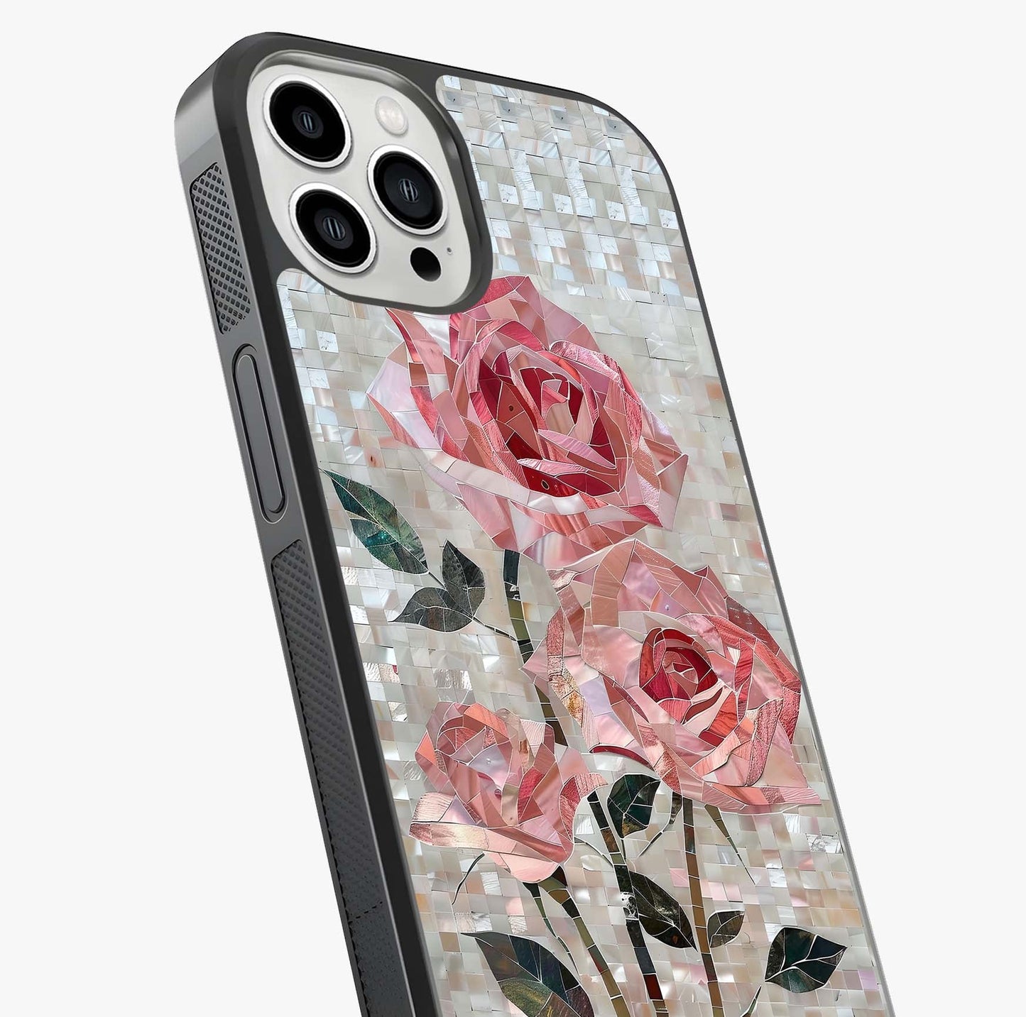 Blush Mosaic Bloom Glass Case captured at a warm angle highlighting gloss, texture and premium glass finish.