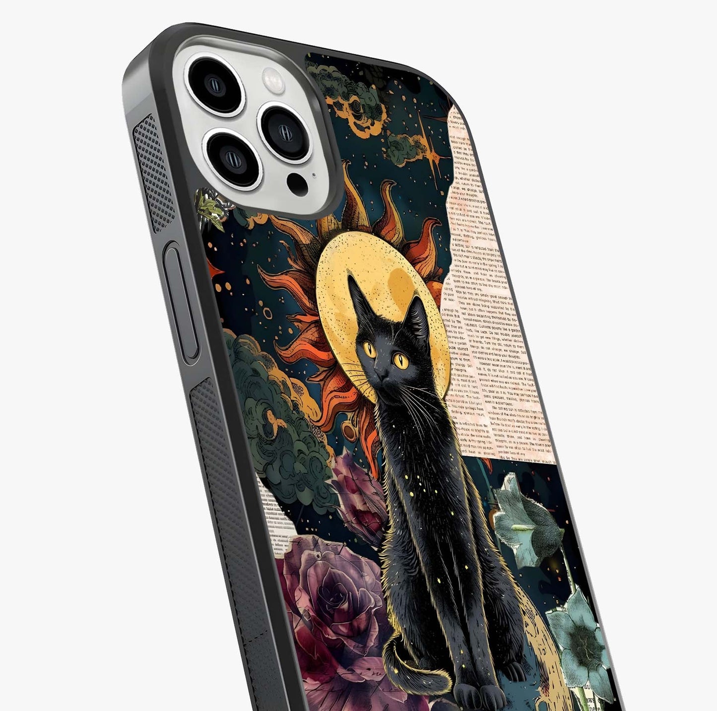 Celestial Black Cat Glass Case captured at a warm angle highlighting gloss, texture and premium glass finish.
