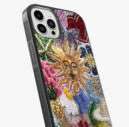 Celestial Floral And Playful Glass Case captured at a warm angle highlighting gloss, texture and premium glass finish.