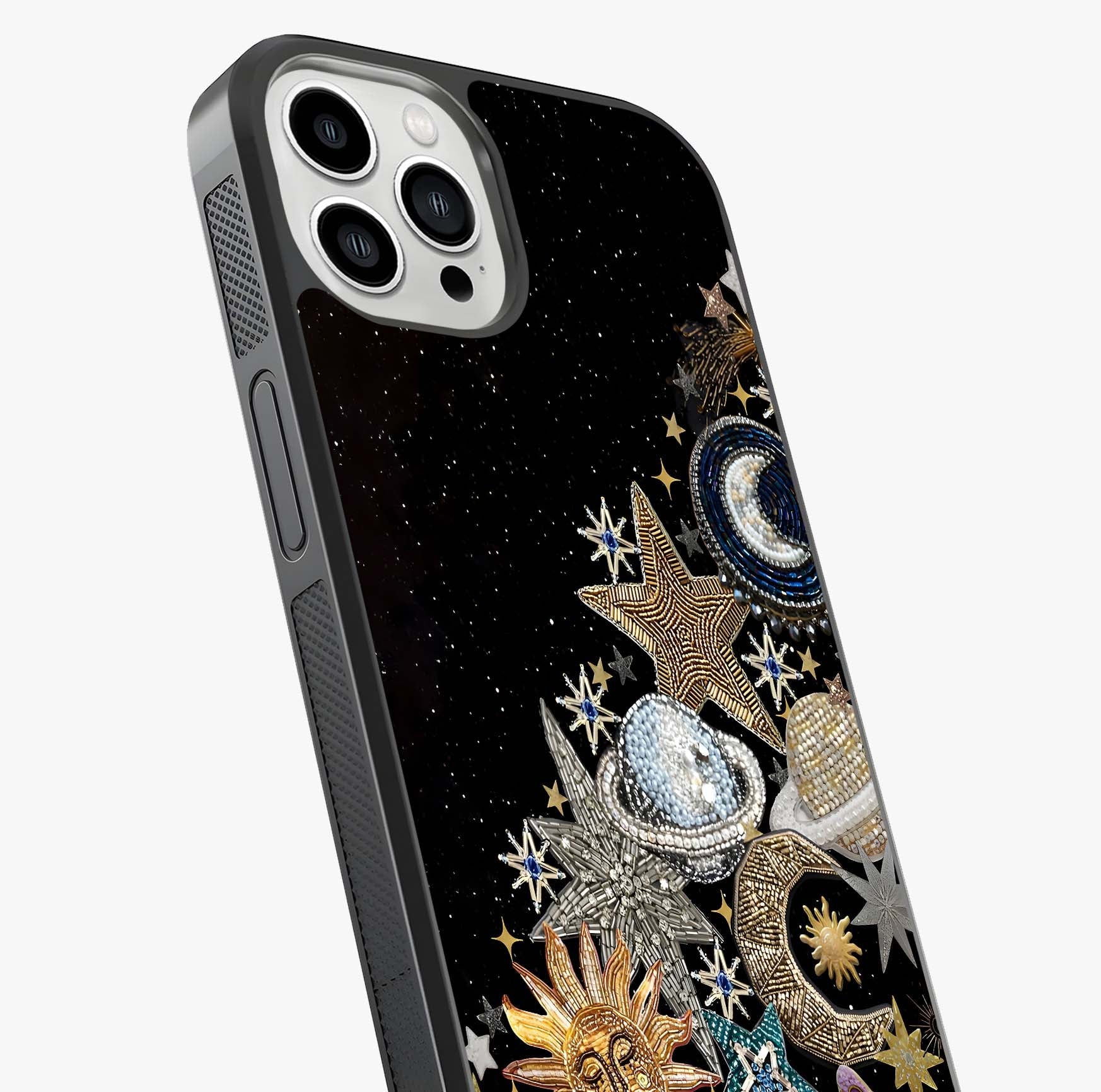 Cosmic Sparkle Dreams Glass Case captured at a warm angle highlighting gloss, texture and premium glass finish.