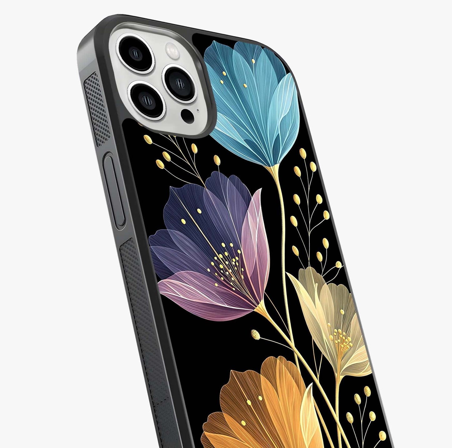 Delicate Multicolor Flowers Glass Case captured at a warm angle highlighting gloss, texture and premium glass finish.