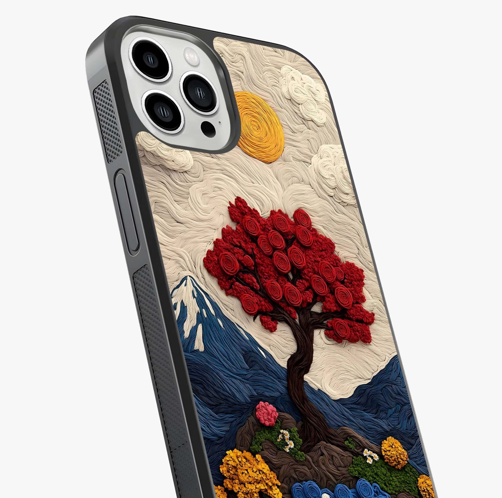Eternal Nature Tapestry Glass Case captured at a warm angle highlighting gloss, texture and premium glass finish.
