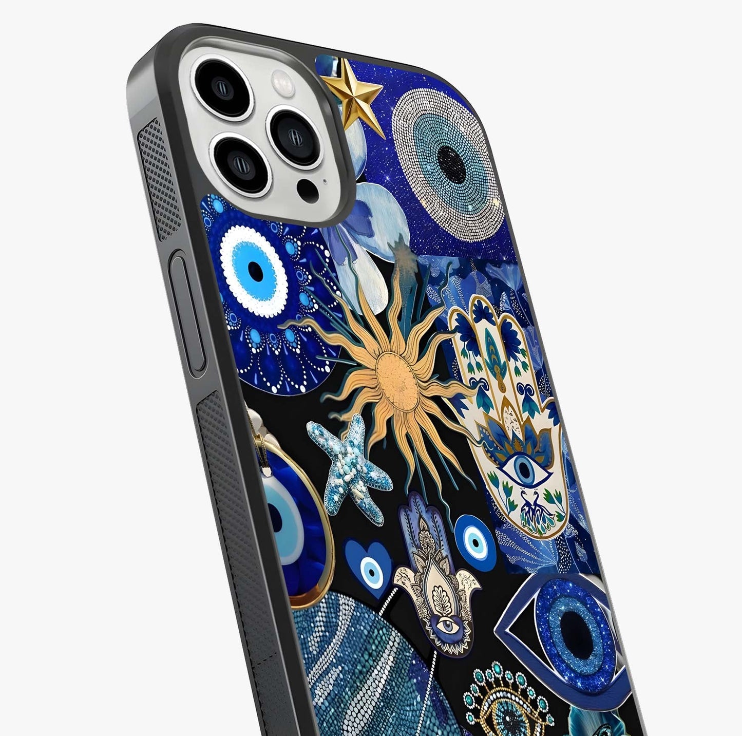 Evil Eye Charm Mix Glass Case captured at a warm angle highlighting gloss, texture and premium glass finish.
