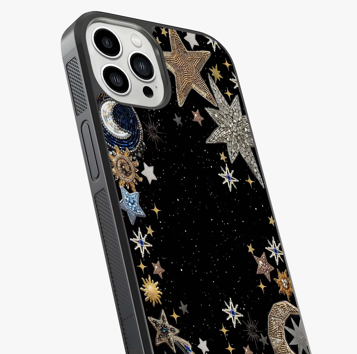Galactic Jewel Stars Glass Case captured at a warm angle highlighting gloss, texture and premium glass finish.
