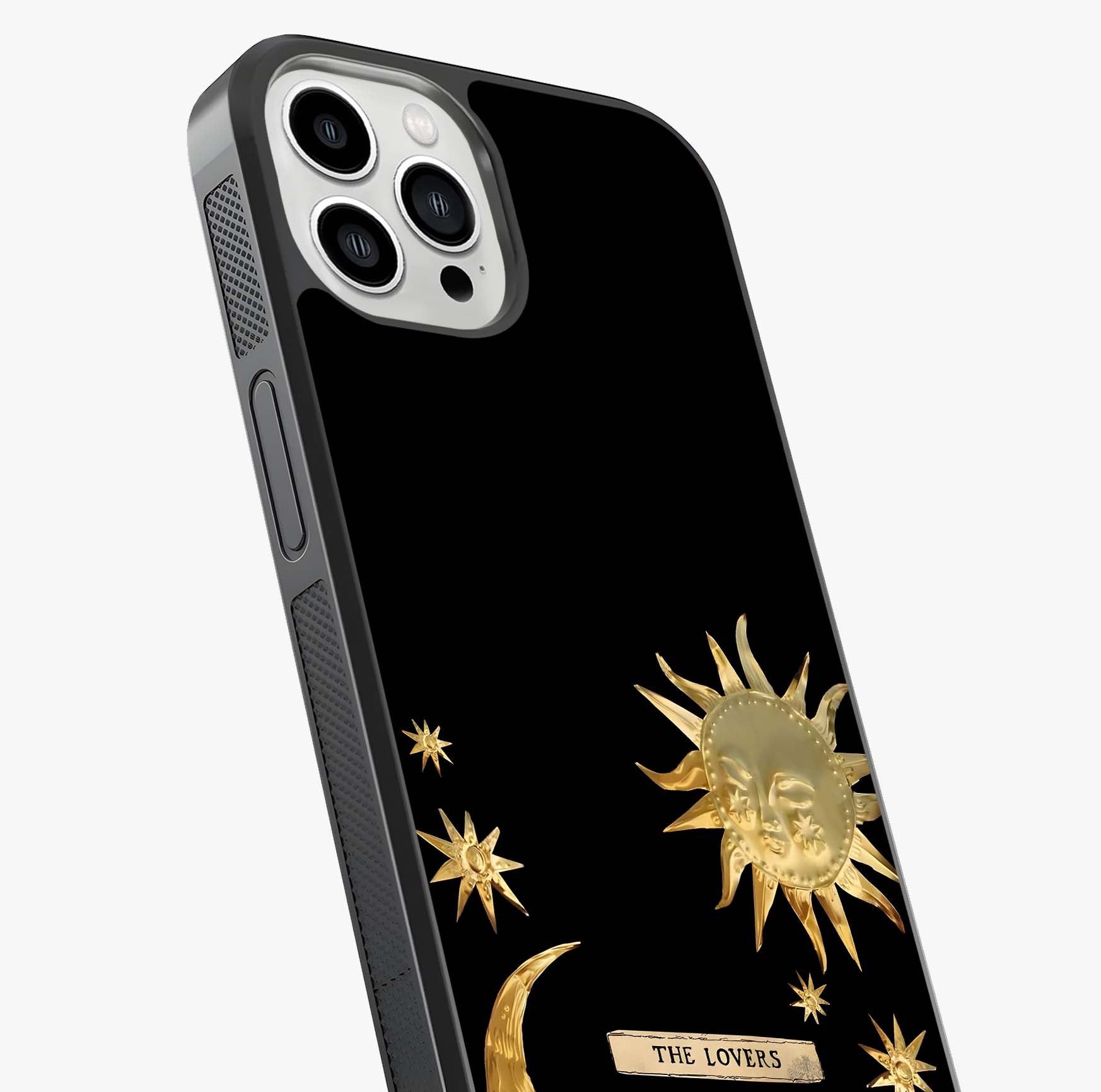 Golden Celestial Charm Glass Case captured at a warm angle highlighting gloss, texture and premium glass finish.