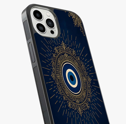 Golden Evil Eye Mandala Glass Case captured at a warm angle highlighting gloss, texture and premium glass finish.