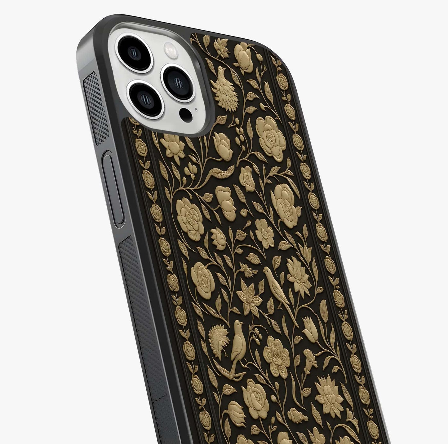 Golden Floral Majesty Glass Case captured at a warm angle highlighting gloss, texture and premium glass finish.