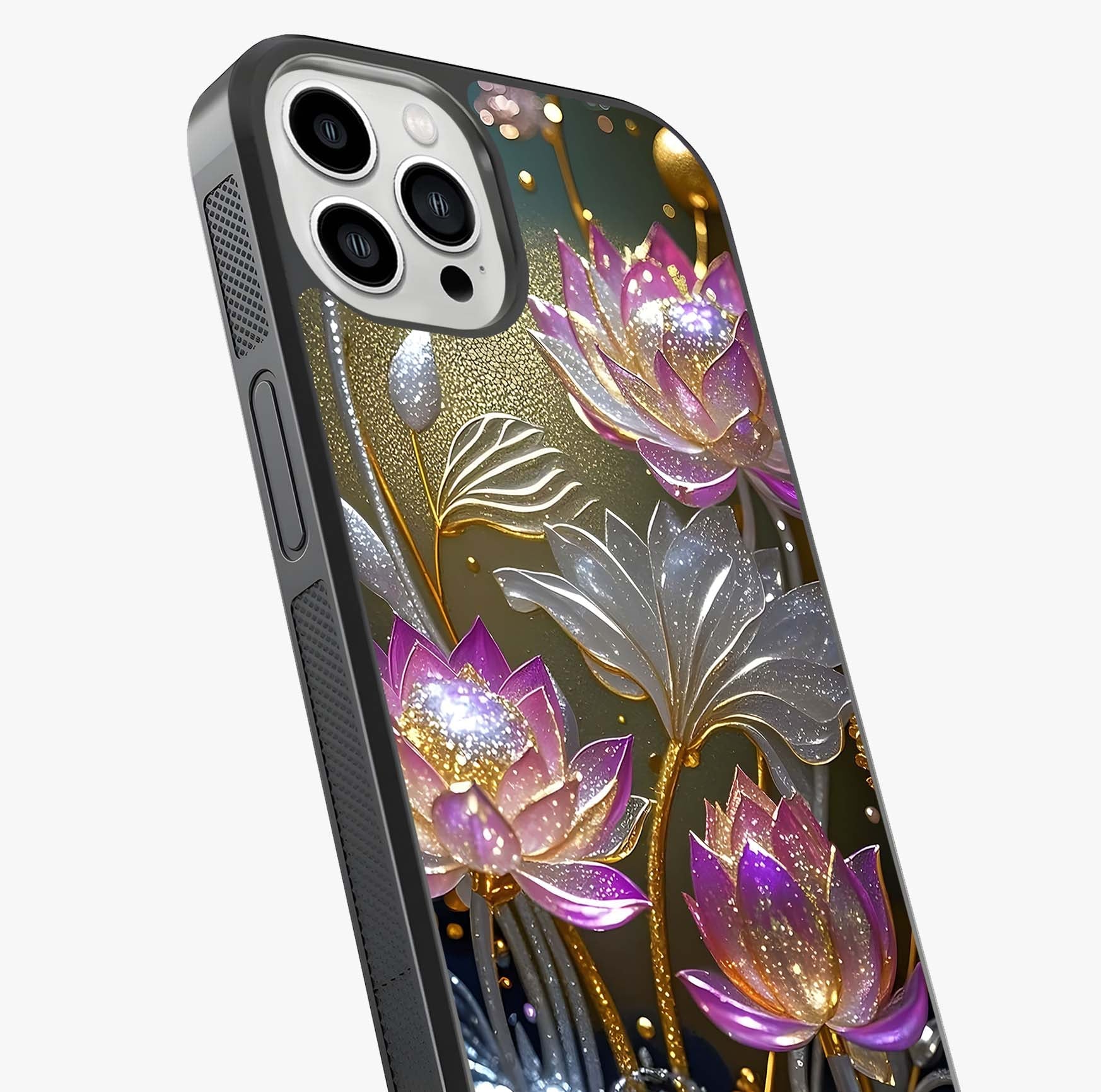 Golden Lotus Glow Glass Case captured at a warm angle highlighting gloss, texture and premium glass finish.