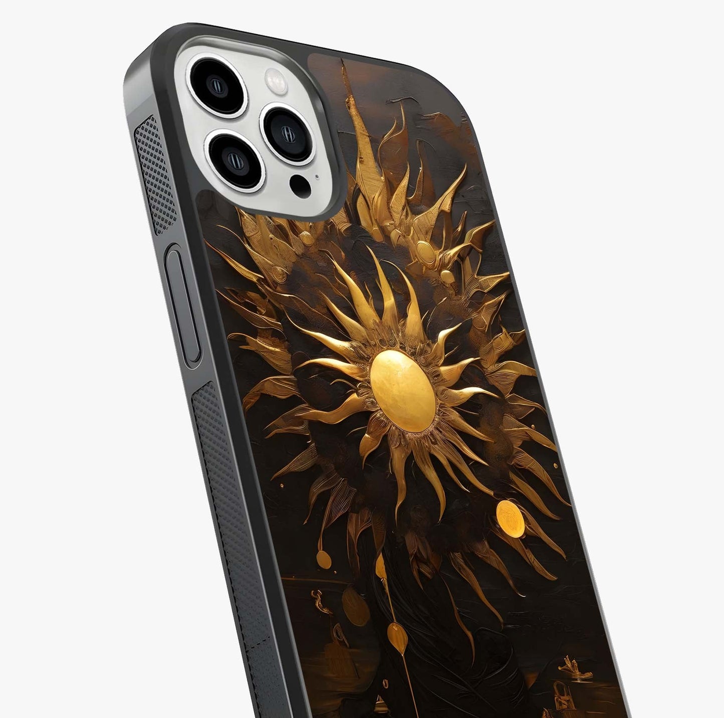 Golden Sun Majesty Glass Case captured at a warm angle highlighting gloss, texture and premium glass finish.