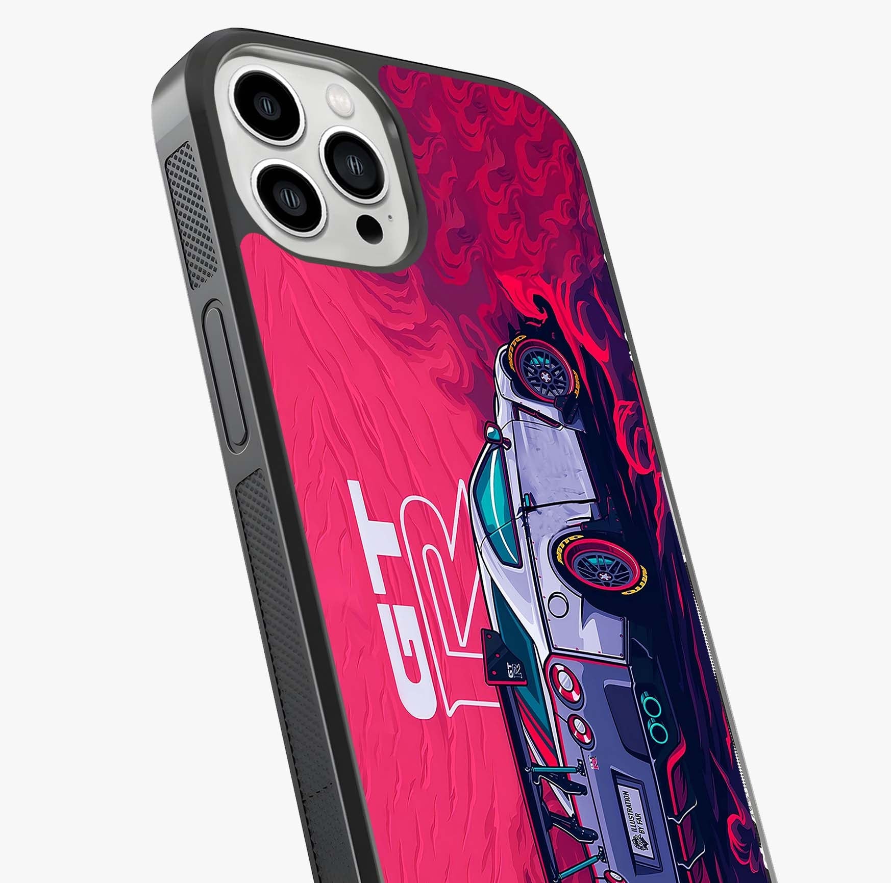 GT R Car Pattern Glass Case captured at a warm angle highlighting gloss, texture and premium glass finish.