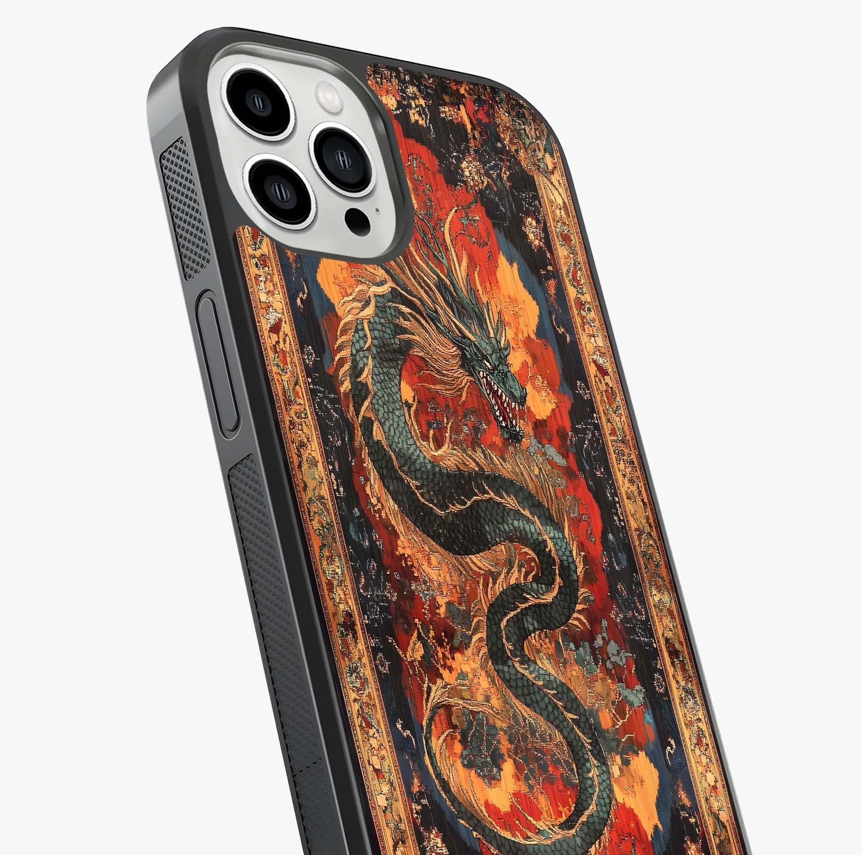 Inferno Dragon Soul Glass Case captured at a warm angle highlighting gloss, texture and premium glass finish.